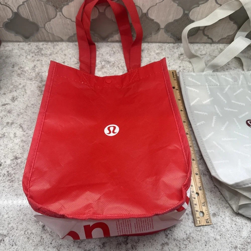 Lululemon 2 Reusable Shopping Tote Bag Red And‎ Off White Logo 12x9